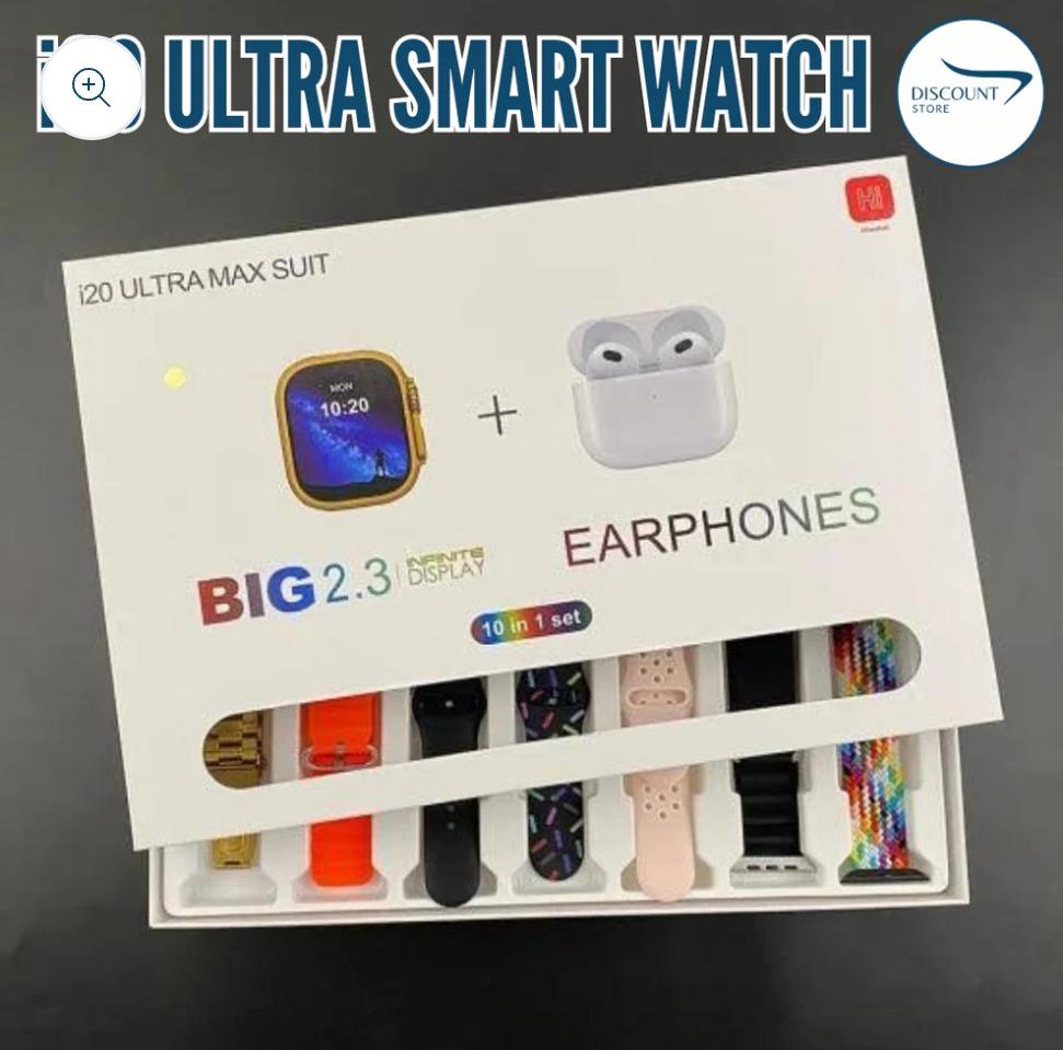 I20 Ultra Watch Max Suit Smart Watch + Earbuds (10 in 1 Set)