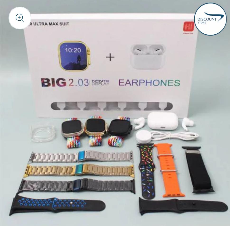 I20 Ultra Watch Max Suit Smart Watch + Earbuds (10 in 1 Set)