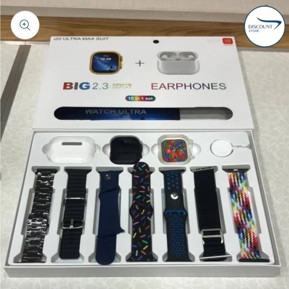 I20 Ultra Watch Max Suit Smart Watch + Earbuds (10 in 1 Set)